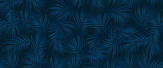 Dark blue tropical background with palm branches. Tropical card, cover, poster, banner
