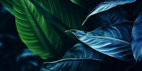 Close-up detail macro texture bright blue green leave tropical forest plant spathiphyllum cannifolium in dark nature background.Curve leaf floral botanical abstract desktop wallpaper,w : Generative AI