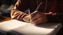 Authentic Close Up Shot Of A Young Person Writing With Pencil In Notebook. Teenager Making Homework For School. Education Concept. : Generative AI