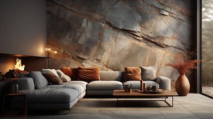 Canvas Print - Closeup view of modern contemporary style living room with gray marble stone wall ,there are gray fabric furniture focus at sofa : Generative AI