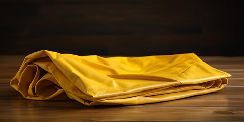 Poster - Yellow dyed cow leather folded on a wooden table. : Generative AI