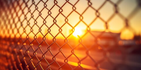 Fototapete - Beautiful sunset through a wire fence : Generative AI