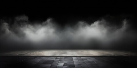 Poster - Abstract image of dark room concrete floor. Black room or stage background for product placement.Panoramic view of the abstract fog. White cloudiness, mist or smog moves on black backg : Generative AI