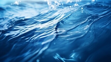 Poster - Blue textured background of waves with ripples on the water. Close-up, selective focus, defocus : Generative AI