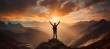 Man With Arms Up Celebrating On Top Of The Mountains - Hiker Enjoying Freedom On A Hill At Sunset - Freedom, Sport, Success And Mental Health Concept
