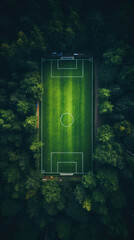 Wall Mural - Aerial view of a soccer field in the forest. Top view