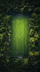 Wall Mural - Soccer field in the forest. Aerial view of soccer field.