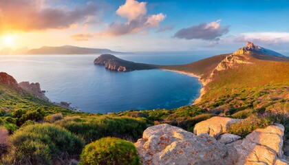 Wall Mural - panotamic view of caccia cape astonishing spring sunrise on sardinia island italy europe attractive morning seascape of mediterranean sea beauty of nature concept background