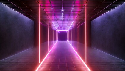 Canvas Print - 3d render abstract geometric background cyber space with grid inside the virtual reality empty room glowing with red violet neon light generative ai