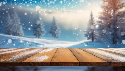 Poster - beautiful winter background with empty wooden table for product display snow nature blurred backgrou