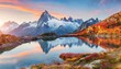 superb autumn sunrise on cheserys lake with mount blank on background spectacular outdoor scene of vallon de berard nature preserve chamonix location alps france europe