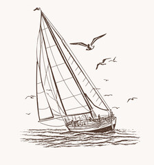 Sticker - Sailboat in the sea, summer adventure, active vacation. Seagoing vessel, marine ship or nautical caravel. water transport in the ocean for sailor and captain. engraved hand drawn in vintage style.