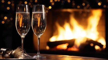 Celebration at the fireplace with champagne glasses