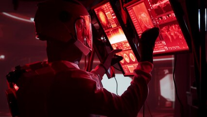 Wall Mural - Astronaut in a space suits aboard the Mars station. Cosmonauts piloting the spaceship in space. Galactic travel and science.