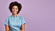 Afro woman in retail worker uniform smile isolated on pastel background