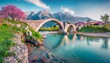stunning spring view of old mes bridge gorgeous morning landscape of shkoder colorful outdoor scene of albania europe traveling concept background