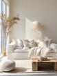 © MiniMaxi - Minimal, modern, elegant, neutral, cozy and white bohemian, boho living room with a sofa and plants. soft earthy colors. Great as interior furniture decoration design inspiration.