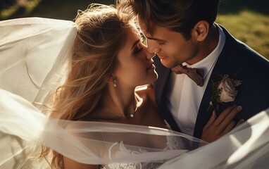 Wall Mural - Groom and bride taking close up wedding photos. Faint romantic atmosphere under the sunlight