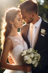 Wall Mural - Groom and bride taking close up wedding photos. Faint romantic atmosphere under the sunlight