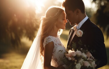 Wall Mural - Groom and bride taking close up wedding photos. Faint romantic atmosphere under the sunlight