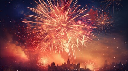 Sticker - Colorful fireworks over Prague Castle and Vltava river, Czech Republic