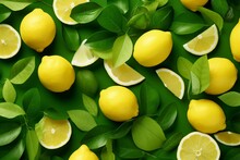 Creative Food Summer Citrus Fruits Banner Panorama Wallpaper, Seamless Pattern Texture - Top View Of Many Fresh Lemons, Slices And Leaves, Isolated On Green Background
