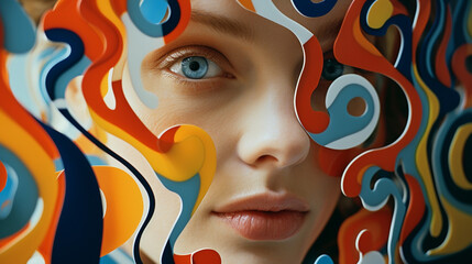 Poster - Close-up of a person surrounded by abstract design evolution elements, illustrating the dynamic and evolving nature of design principles over time.