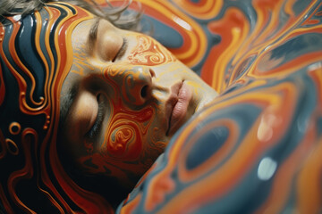 Poster - Abstract patterns resembling the flow of cognitive processes enveloping a person, conveying the dynamic and fluid nature of brain-inspired design.