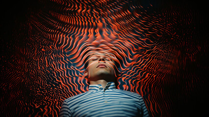 Poster - Abstract patterns inspired by neuroaesthetics forming a symphony around a person in a meditative pose, capturing the dynamic and rhythmic aspects of brain-centric design.
