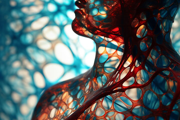 Poster - Abstract patterns inspired by MRI integration forming a symphony around a person, illustrating the collaborative and interconnected nature of medical technology.