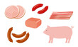 かわいい豚肉を使用した加工肉のイラストセット_processed pork products