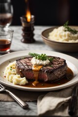 Wall Mural - Close-up of a delicious steak with mashed potatoes served in plate on table in a restaurant.