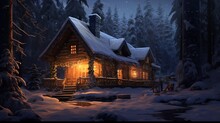 A Cozy, Candle-lit Cabin Tucked Away In A Snowy Forest, The Warmth Inside Inviting Amid The Wintry Night Of New Year's Eve