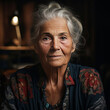 70s grandmother seated indoors posing folded arms under chin looking at camera, representative of baby boomer generation, older people retired well-being life, kindly loving granny close up portrait. 