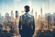 Double exposure of confident businessman and modern cityscape with sunlight. Concept of leadership and success. Toned image double exposure
