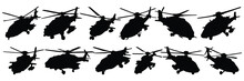 Helicopter War Army Silhouettes Set, Large Pack Of Vector Silhouette Design, Isolated White Background