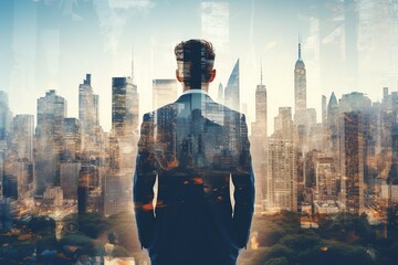 Wall Mural - Double exposure of confident businessman and modern cityscape with sunlight. Concept of leadership and success. Toned image double exposure