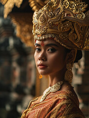 Wall Mural - Balinese dancer in ornate costume, intricate gold headdress, focused and calm expression during a dance