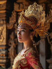 Wall Mural - Balinese dancer in ornate costume, intricate gold headdress, focused and calm expression during a dance