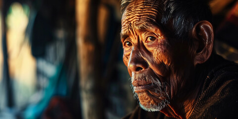 Wall Mural - Elderly tribal storyteller, face etched with history, captivating eyes