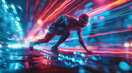 Wall Mural - athletic portrait, high-performance attire with reactive light elements, kinetic energy visualizatio
