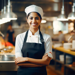 Wall Mural - Young indian female chef standing confidently