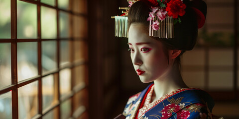 Wall Mural - Japanese geisha in full kimono, delicate makeup, ornate hairstyle with kanzashi accessories