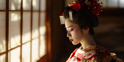 Wall Mural - Japanese geisha in full kimono, delicate makeup, ornate hairstyle with kanzashi accessories