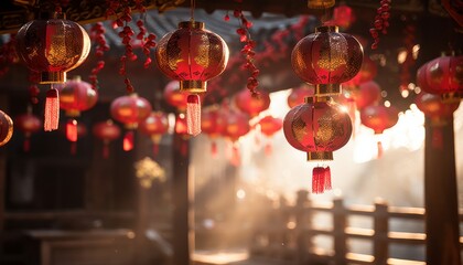 Wall Mural - vibrant chinese new year celebration bustling street with red lanterns and festive atmosphere