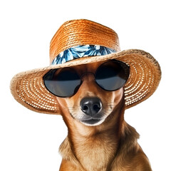 Dog in straw hat and cool sunglasses, dressed in summer clothes: Symbolizing Summer fun, Isolated on Transparent Background, PNG