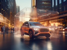  SUV Car in Transparent Container Driven with High-Speed Sync Lighting - Car Insurance Concept