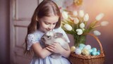 Dziewczynka z króliczkiem, w tle tulipany i pisanki. Portret. Wielkanoc, wiosna