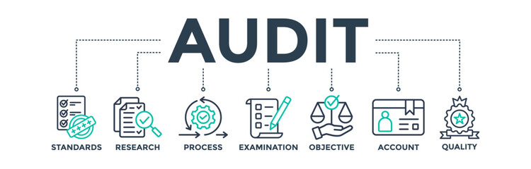 Audit banner web icon concept with icons of standards, research, process, examination, objective, account, and quality. Vector illustration 