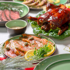 Wall Mural - Christmas background with an empty plate. decorations for the New Year's table. Concept Christmas, new year,food